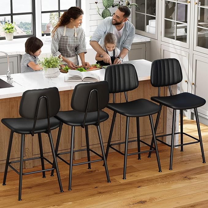 24-Inch Leather Bar Stools Set of 4, Counter Height Barstools with High Backrest，Bar Chairs for Kitchen Island with Heavy Duty Metal Legs, Black
