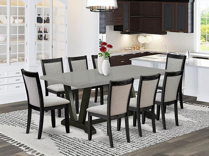 East West Furniture V697MZ606-9 9 Piece Dining Room Table Set Includes a Rectangle Dining Table with V-Legs and 8 Shitake Linen Fabric Upholstered Chairs, 40x72 Inch, Multi-Color