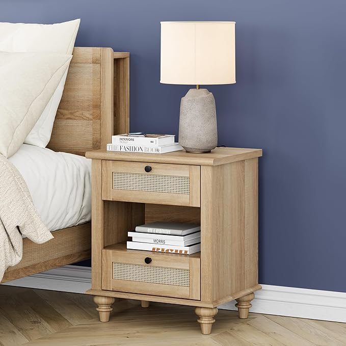 WAMPAT Rattan Nightstand Side Table with Charging Station, Light Wood End Table with 2 Drawers for Living Room, Rustic Farmhouse Night Stand Bedside Table for Bedroom, Oak