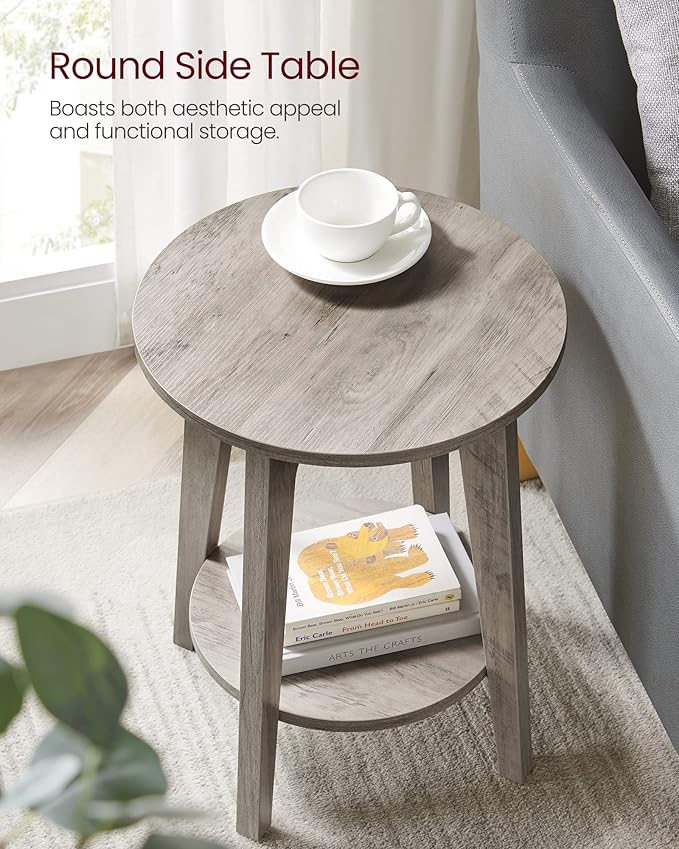 VASAGLE Side Table, Small Round End Table with Lower Shelf, Nightstand for Small Spaces, Living Room, Bedroom, Greige ULET283T02