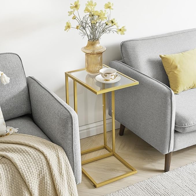 YMYNY C-Shaped End Table, Tempered Glass Sofa Side Table, nightstand for Small Place,Coffee Table for Hallway Office Bedroom Living Room, Metal Frame, Gold, 24.8 * 15.75 * 11.8" UHGD001G