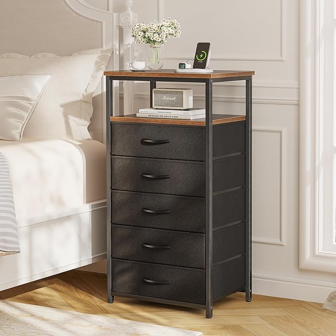 Huuger 5 Drawers Tall Dresser with Charging Station, Dresser for Bedroom, Tall Night Stand, Chest of Drawers with Open Shelf, Bedside Table Nightstand, Fabric, Rustic Brown and Black