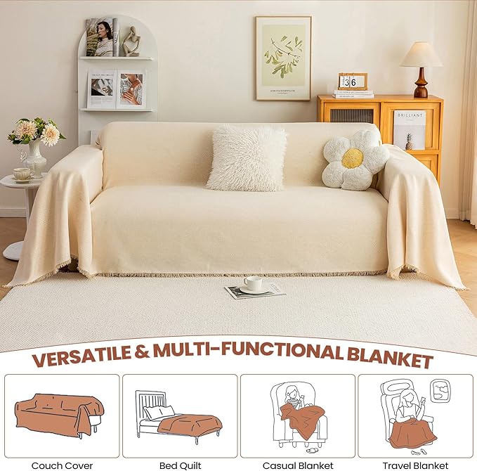 STACYPIK Thick Beige Jacquard Floral Couch Cover for Dogs, Washable Boho Couch Covers, Non Slip Couch Sofa Cover, Couch Cover 3 Cushion Sofa with Tassels, Furniture Protector for Living Room-71X150IN