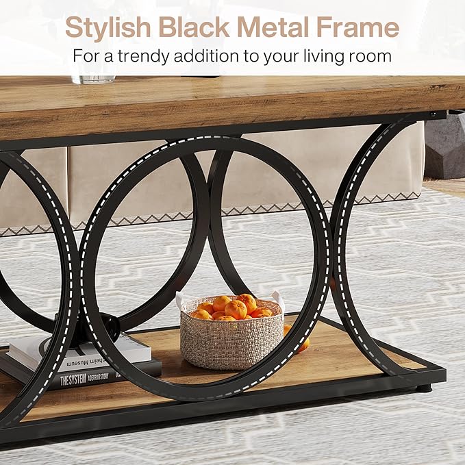 Tribesigns Rectangle Coffee Table, 47.24-inch Rustic Coffee Tables for Living Room, 2-Tier Farmhouse Wooden Coffee Table with Geometric Metal Legs, Home Furniture with Storage Shelf (Brown & Black)