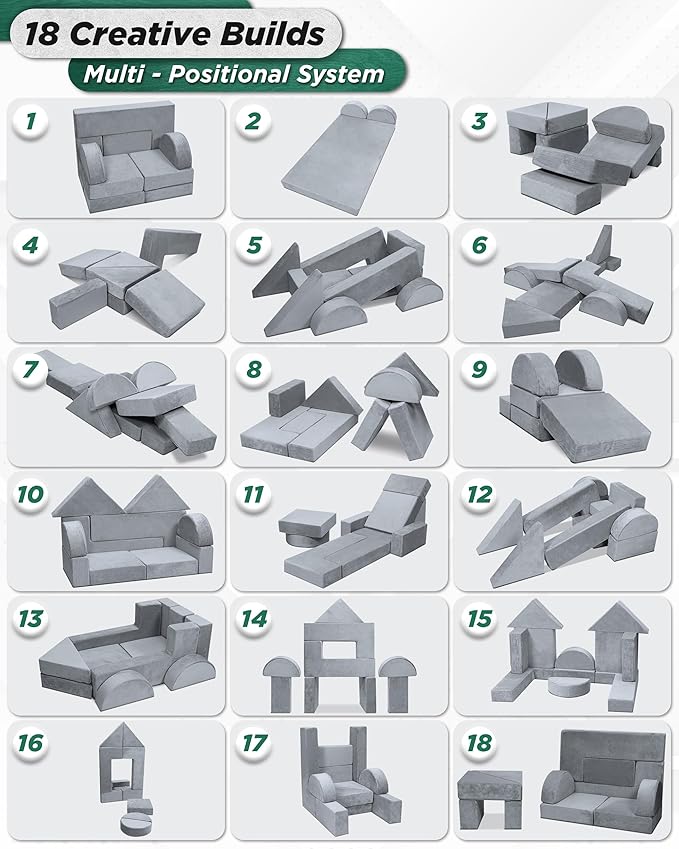 Lunix LX22 11pcs Modular Kids Play Couch, Child Sectional Sofa, Fortplay Bedroom and Playroom Furniture for Toddlers, Convertible Foam and Floor Cushion for Boys and Girls, Gray