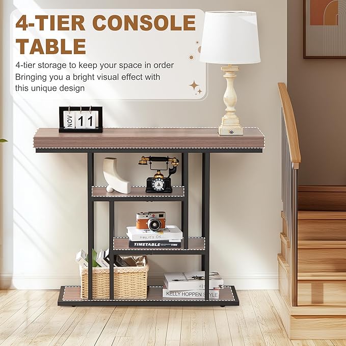 HABUTWAY 42" Industrial Entryway Table, Narrow 4-Tier Wood Console Table for Living Room, Accent Tables Living Room, Sofa Table for Front Door, Hallway, Foyer, Rustic Brown