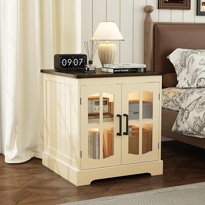 ChooChoo Farmhouse End Table, 24" Large Sofa Side Table with Charging Station & LED Light, Nightstand with Adjustable Storage Shelf, Square Bedside Table for Living Room Beige (Cream Mix with White)