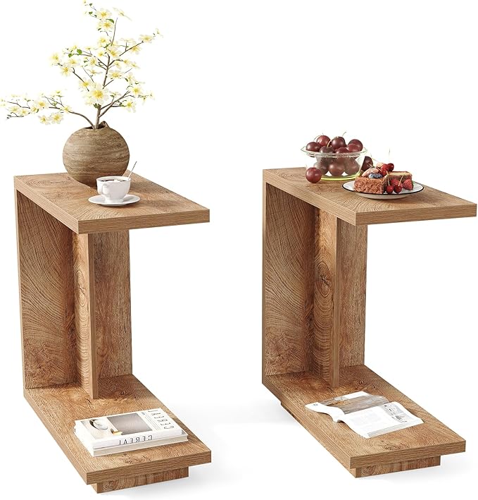 LITTLE TREE C-Shaped Side Table Set of 2, Narrow 2-Tier End Table for Living Room, Couch, Bedroom, Bedside, Nightstand, Brown