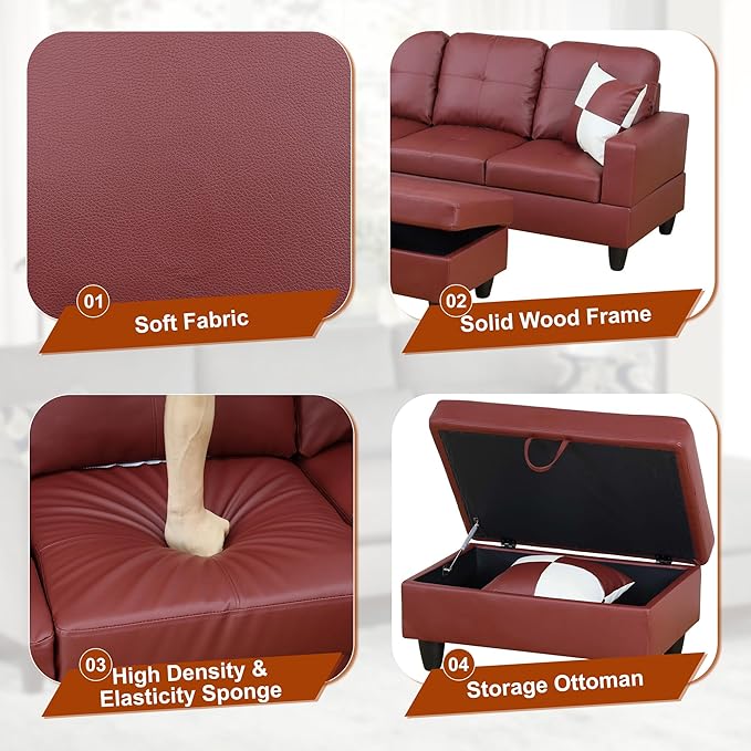 Osparple L Shaped Couch Faux Leather Sectional Couches for Living Room Upholstered 3 Pieces Modular Sectional Sofa with Chaise, Ottoman with Storage for Living Room and Small Apartment, Dark Red