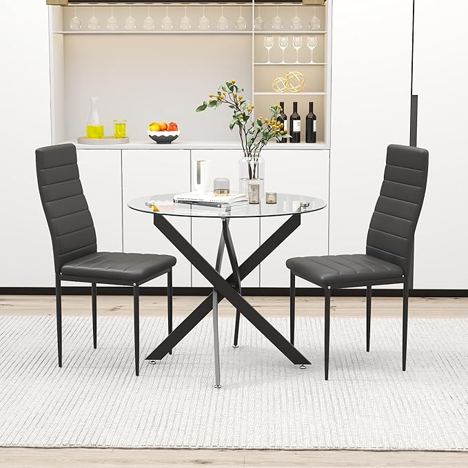 Glass Dining Table Modern Kitchen Table with Black Metal Legs 32 Inch Small Round Dining Table for Apartment Kitchen Dining Room