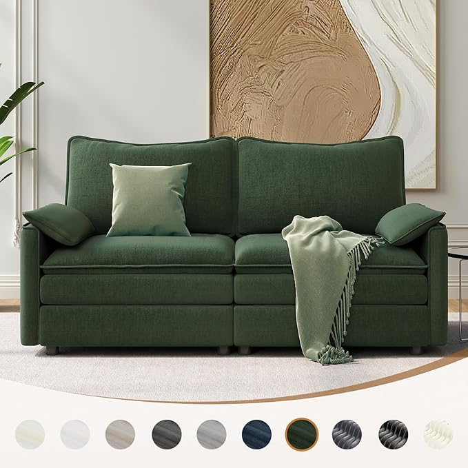 Vesgantti 74" Loveseat Sofa for Living Room, Comfy Cloud Couch Deep Seat Chenille Modern 2 Seater Small Sofa with Armrest Pillow, Easy Assembly for Small Spaces, Green