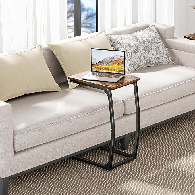 C-Shaped End-Table - Side Table for Couch,Curved Support Legs, Slide Under Couch Table for Sofa, TV Tray Table for Living Room Bedroom (Rustic Brown)