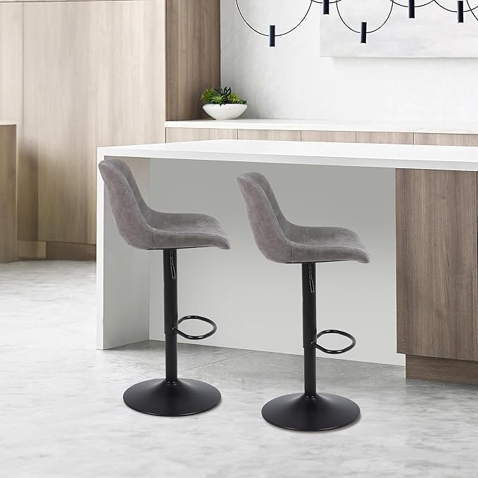 Bar Stools, Swivel Counter Height Barstools with Back, Adjustable Modern Bar Chairs, Tall Armless PU Leather Kitchen Island Stool (Grey, Set of 1)
