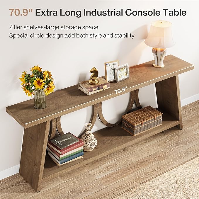 Tribesigns 70.9 inch Extra Long Console Table, Farmhouse Sofa Table Behind Couch with 2 Tier Storage Shelf, Narrow Entryway Hallway Accent Table for Living Room, Natural