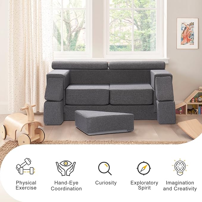 ROBOTIME Modular Play Couch for Kids – Convertible Foam Toddler Sofa for Boys & Girls, Kids Couch for Playroom & Bedroom, Versatile Building Sofa for Forts and Reading Nooks (Space Grey)