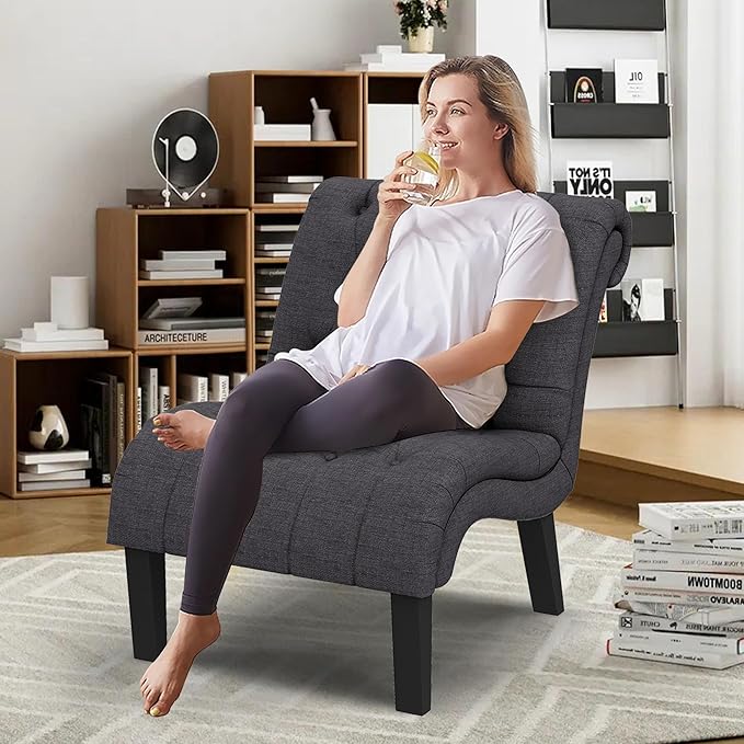 Yongqiang Accent Chairs Set of 2 Upholstered Living Room Bedroom Side Chairs Curved Button Tufted Armless Lounge Chair with Wood Legs Gray Fabric