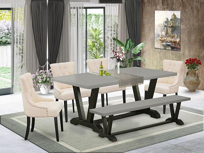 East West Furniture V697FR102-6 6 Piece Dining Table Set Contains a Rectangle Kitchen Table with V-Legs and 4 Light Beige Linen Fabric Parson Chairs with a Bench, 40x72 Inch, Multi-Color