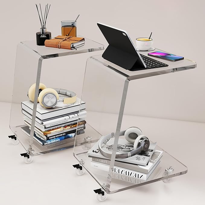 2-Pack Clear Acrylic C Shaped Side Table with Wheels, Modern End Tables for Sofa, Couch, and Bed – 15mm Thick Durable Acrylic Small Snack Laptop Tables for Living Room & Bedroom