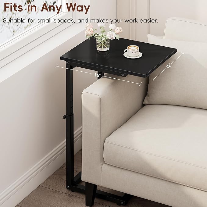 Vagusicc C Shaped End Table, 33" Tall Couch Table Adjustable Height Side Table, Sofa Table That Slide Under, C Table End Table TV Tray Coffee Arm Table for Living Room, Bedroom, Small Spaces, Black