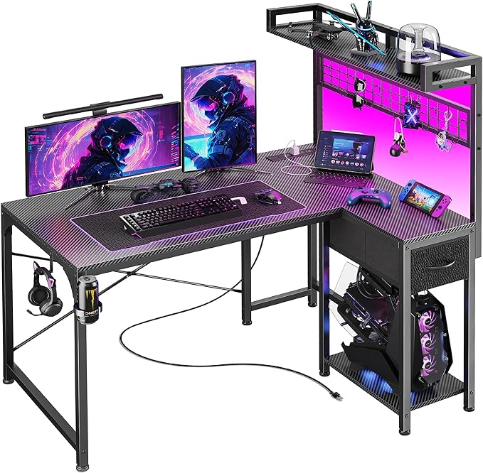 PRAISUN L Shaped Gaming Desk with Shelves, Corner Computer Table with LED Lights, Power Outlets and USB-C Ports, 42 Inch Home Office Desk with Storage Drawer, for Work and Study, Carbon Fiber Black