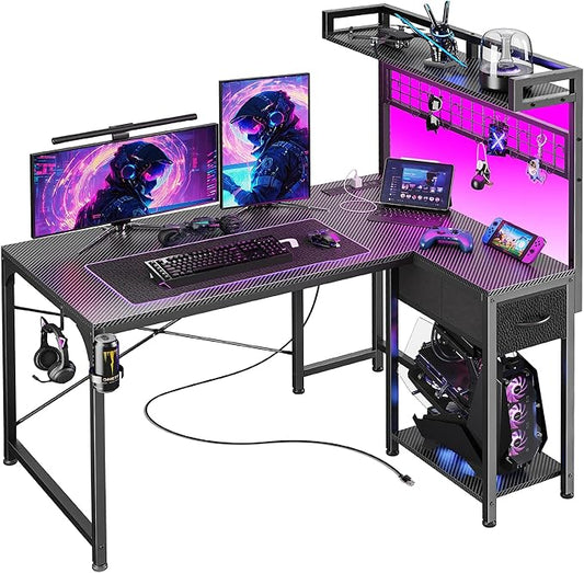 PRAISUN L Shaped Gaming Desk with Shelves, Corner Computer Table with LED Lights, Power Outlets and USB-C Ports, 42 Inch Home Office Desk with Storage Drawer, for Work and Study, Carbon Fiber Black