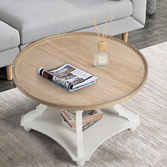 Wnutrees Farmhouse Round Coffee Table, Wood Tray Top Circle Coffee Table with Storage Shelf Rustic Style for Living Room and Vintage Finish, White