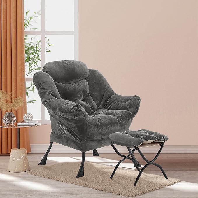 Lazy Chair with Folding Ottoman, Accent Chair Plush Upholstered with Metal Structure and Non-Slip Pads, Sofa Armchair with Footrest and Side Storage Bag for Dorm, Room, Office, Dark Gray