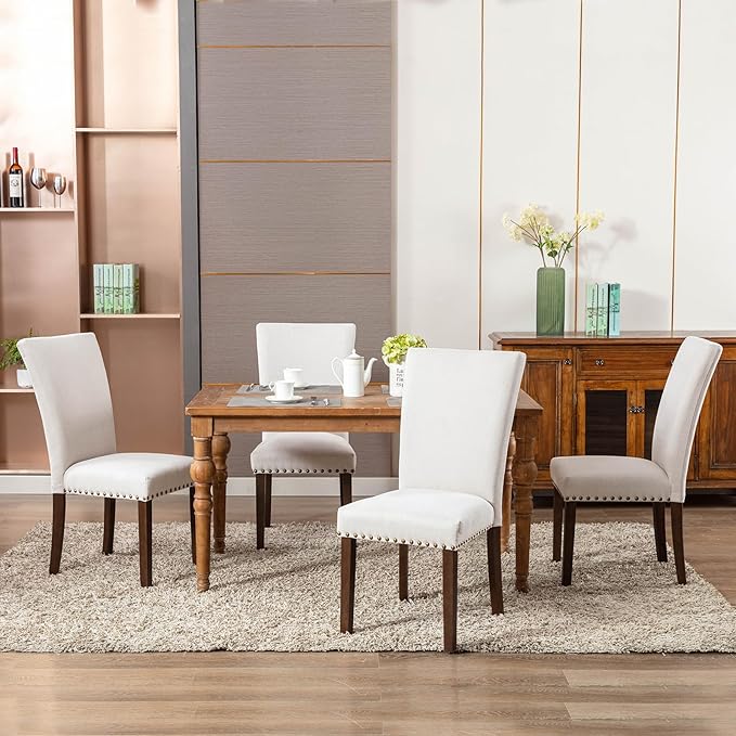 COLAMY Upholstered Dining Chairs Set of 4, Parsons Style Linen Beige Accent Chairs with High Back, for Round Kitchen Table or Small Dining Room – Comfortable & Stylish