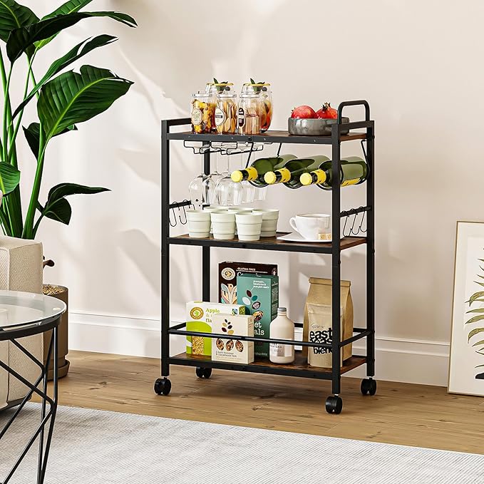 Home Bar Serving Cart, Serving Cart with Wheels and Handle, 3 Tier Rolling Kitchen Cart, Microwave Cart, Beverage Cart with Wine Holder and Glass Holders, for Dinning Room, Living Room, Kitchen