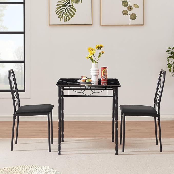 VECELO 3 Piece Dining Table Set for 2, Dinette with Chairs for Kitchen, Breakfast Nook, Small Space,Easy Assembly