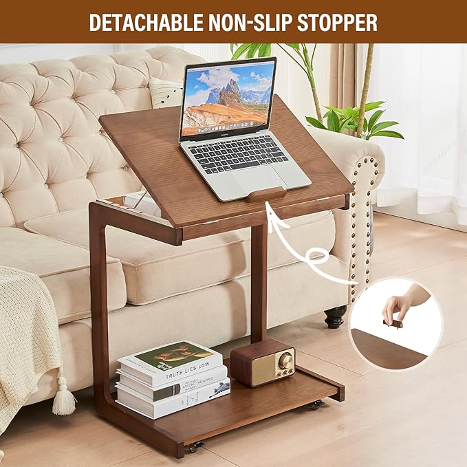 CozyDH Adjustable C Shaped End Table, Rolling Side Table Solid Wood TV Sofa Tray Table for Couch Arm Eating Multi-Purpose, Small Coffee Table with Wheels Living Room Bedroom, Walnut