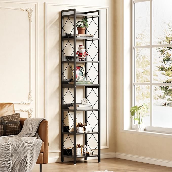 LITTLE TREE Corner Book Shelf, 7-Tier Tall Bookcase, 78" Display Shelves with Sturdy Metal Frame for Living Room, Modern Narrow Standing Bookshelves, Black Office Shelf for Small Spaces, Bedroom