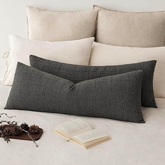 Foindtower Set of 2 Decorative Linen Check Throw Pillow Covers Neutral Long Body Lumbar Cushion Covers Farmhouse Vintage Home Decor For Sofa Chair Couch Bedroom Living Room Outdoor,14×36 Inch,Charcoal