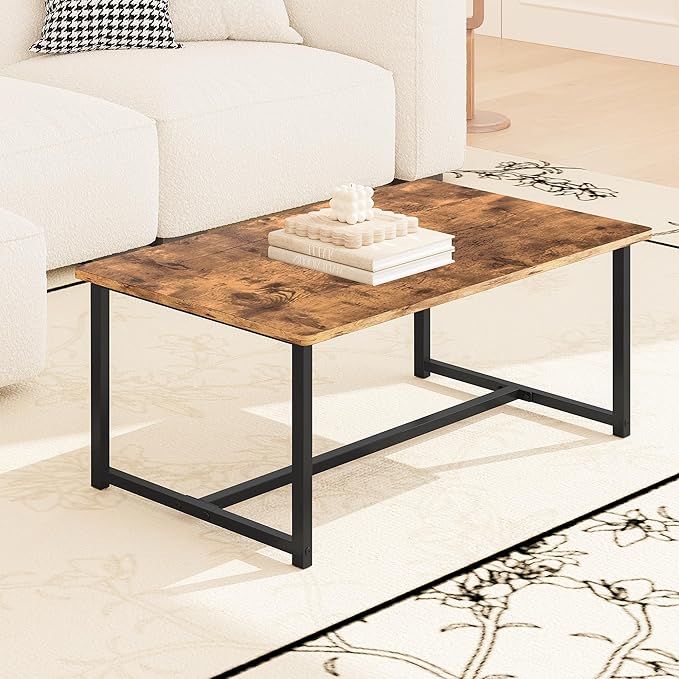 Coffee Table Living Room, Modern Center Table Rectangular, Industrial Furniture, Sofa End Tables/Tea Table/Table Basse De Salon with Metal Black Frame Rustic Brown