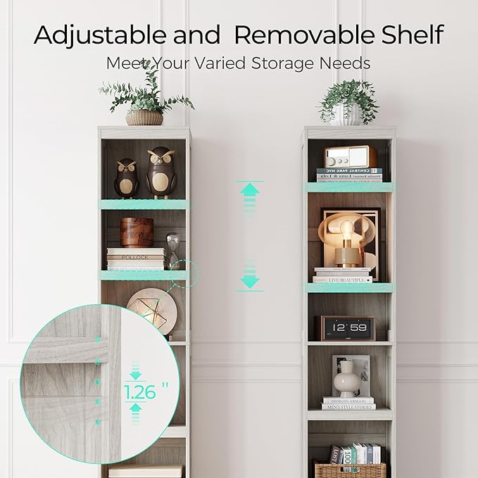 LINSY HOME 5-Shelf Bookcase, Narrow Bookshelves Floor Standing Display Storage Shelves 68 in Tall Bookcase Home Decor Furniture for Home Office, Living Room, Bed Room - White Oak