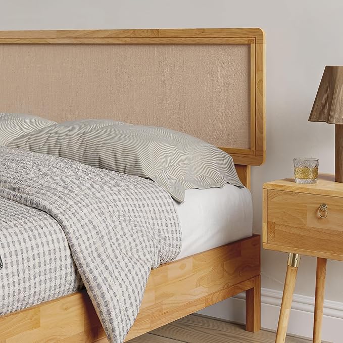 Nipe Platform Bed Frame with Headboard Size Queen - Light Natural - Solid Rubber