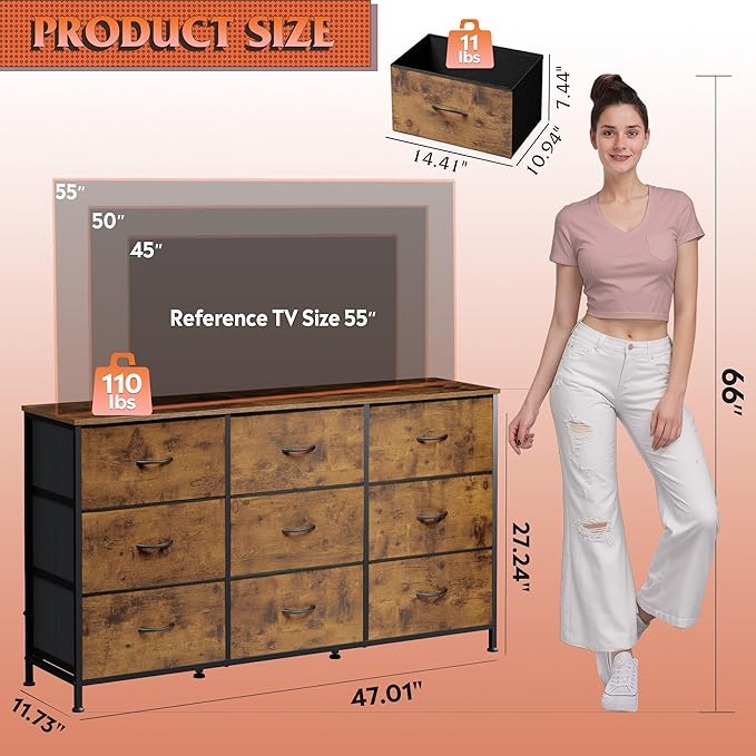 WLIVE 47''W Dresser for Bedroom, Dresser TV Stand for 45, 50, 55 inch TV, Wide Chest of Drawers with 9 Drawer, Large Entertainment Center, Fabric Dressers with Wood Top for Living Room, Rustic Brown