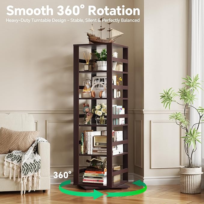Homykic Rotating Bookshelf, Bamboo 360 Display Spinning Bookshelf Tower, 5-Tier Small Corner Bookcase for Small Spaces, Narrow Revolving Book Shelf Organizer Rack for Home Office, Espresso