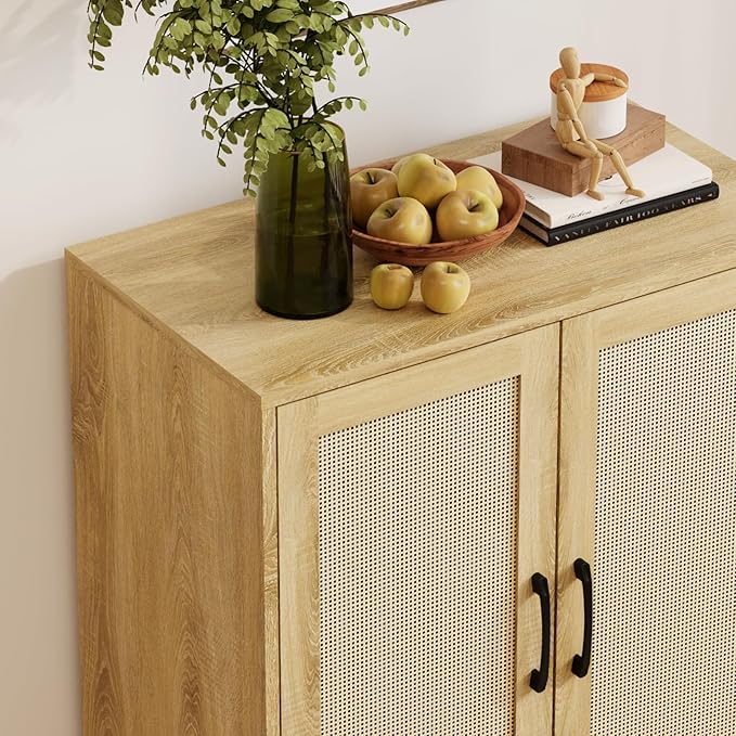 Rattan Decorated Buffet Cabinet - 2 Doors Simple Style Storage Cabinet, Shoe Cabinet with Adjustable Shelves, Sideboard for Kitchen, Living Room, Hallway, Entryway (Natural Wood)