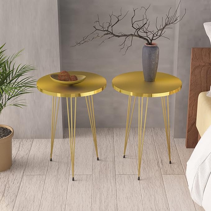 PAK HOME Set of 2 High Gloss Gold End Tables Round Wood Sofa Side Coffee Tables for Small Spaces, Nightstand Bedside Table with Metal Legs for Bedroom, Living Room, Office, Balcony