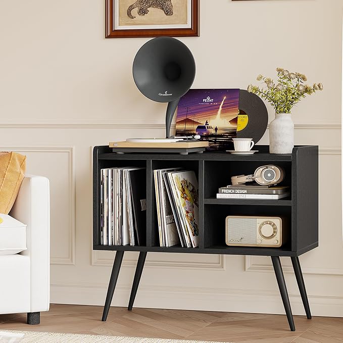 Record Player Stand with Vinyl Storage,Turntable Stand with Solid Wood Legs,Record Player Table Holds Up to 200 Albums,Vinyl Holder Storage Shelf for Bedroom Living Room,Black