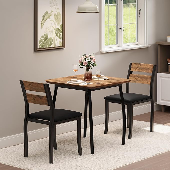 GAOMON Dining Table Set for 2, 3 Piece Small Kitchen Table and 2 Upholstered Chairs with Metal Frame & Wood Grain Tabletop for Small Space, Apartment, Kitchen, Dining Room, Black/Rustic