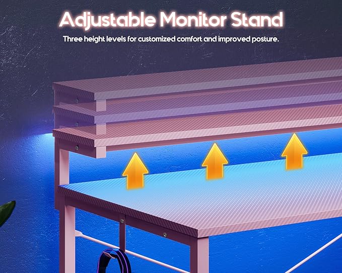 MOTPK 40 Inch Small Gaming Desk with Storage & Led Lights, Computer Desk with Power Outlet & Shelf, Reversible Gamer Desk with Adjustable Monitor Stand, Carbon Fiber Texture Pink