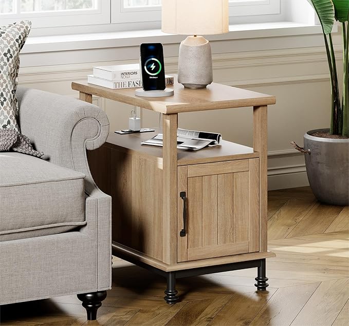 WAMPAT Oak End Table with Charging Station, Sofa Side Table with Storage Cabinet for Living Room, Light Wood Bedside Table with Metal Leg, Farmhouse Nightstand for Bedroom