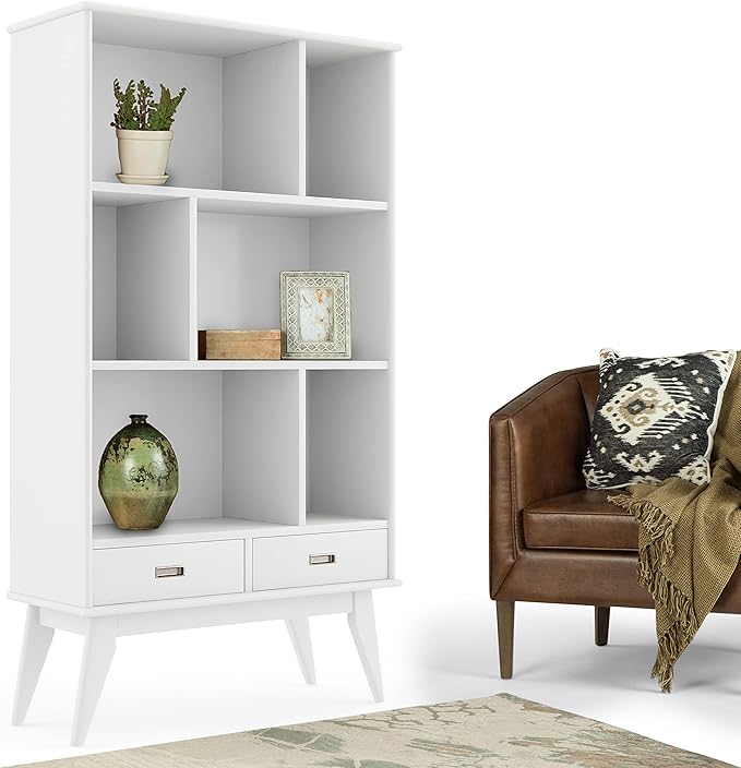 SIMPLIHOME Draper Bookcase - 64 inch Tall Solid Hardwood Wide Storage Bookshelf in White, Mid-Century Modern Storage for Living Room, Study Room or Office with Adjustable Shelves and Tapered Legs