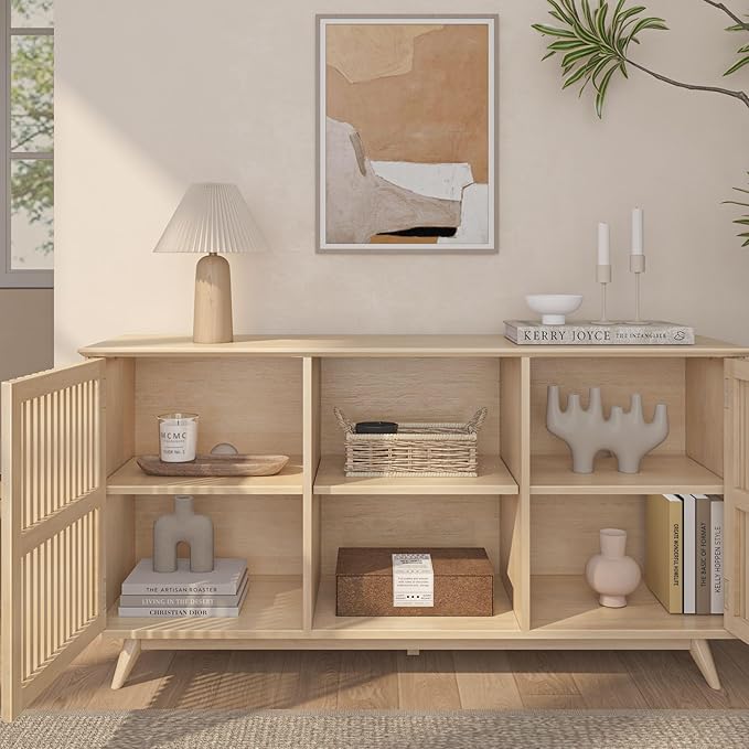 Plank+Beam Mid-Century Modern Wood TV Stand, Solid Wood Entertainment Console with Storage, 59" L x 16" W x 30" H, Blonde