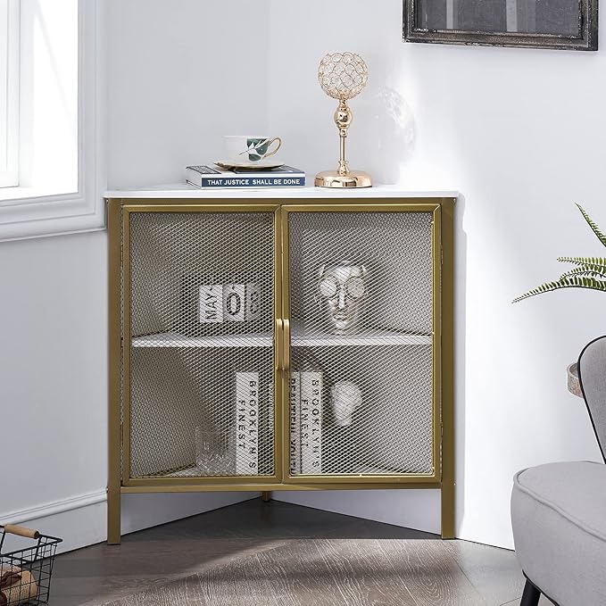 VECELO Corner Cabinet/Table, 3-Tier Shelves with Protection Door, Metal Frame Storage Shelf Organizer for Small Space, Living Room, Kitchen, Bathroom, Set of 1, Gold