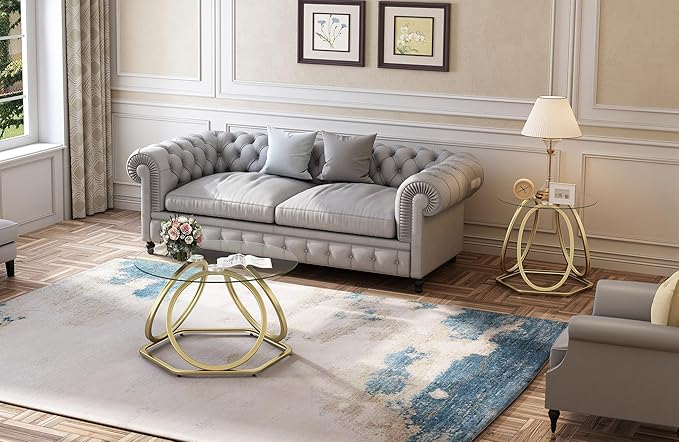 O&K FURNITURE Gold Modern Round Glass End Table with Hexagonal Base for Home & Office, 1 PC
