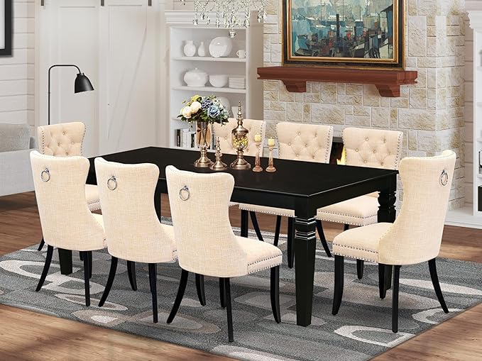 East West Furniture LGDA9-BLK-32 9 Piece Dining Room Set Includes a Rectangle Kitchen Table with Butterfly Leaf and 8 Polyester Fabric Padded Chairs, 42x84 Inch, Black
