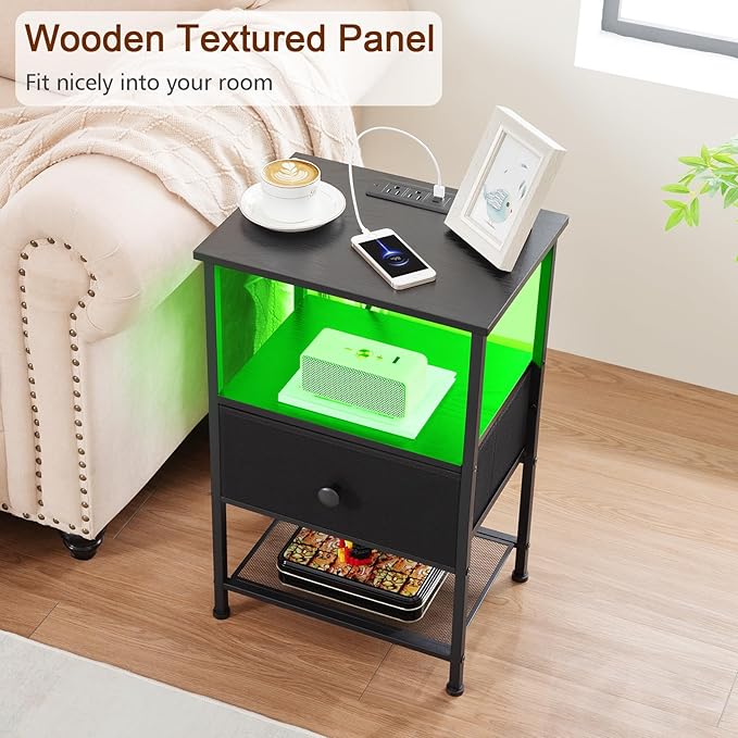 Night Stand Set 2, LED Nightstand with Charging Station, End Tables Living Room with Fabric Drawer, Small Side Tables for Bedroom, Small Space, Black, HETS01BK
